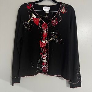 Just B Black Beaded Christmas Cardigan Sweater Large ugly holiday festive kitsch